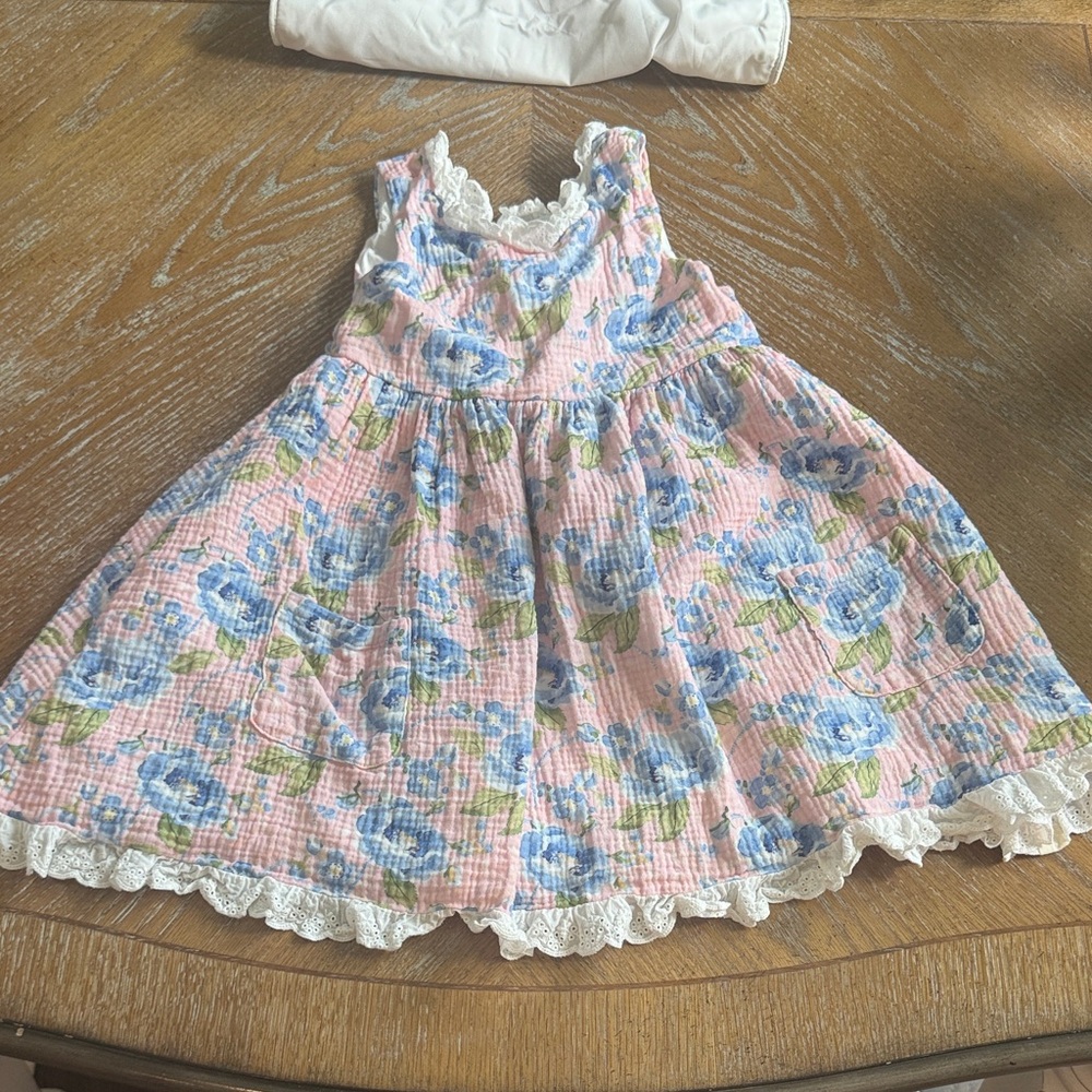 cheeky plum Pink Floral Dress with Blue Blossoms and White Lace